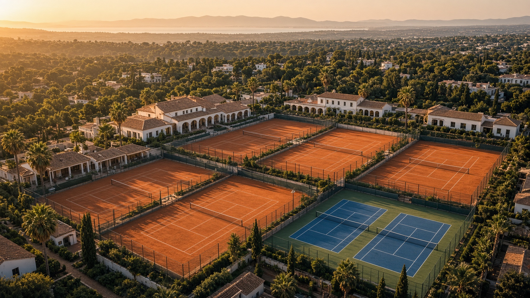 Aerial view of a tennis academy with clay and hard courts at golden hour