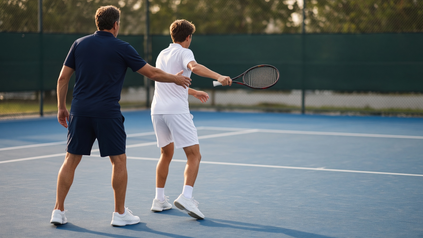 Coach and junior player working on a forehand on a hard court