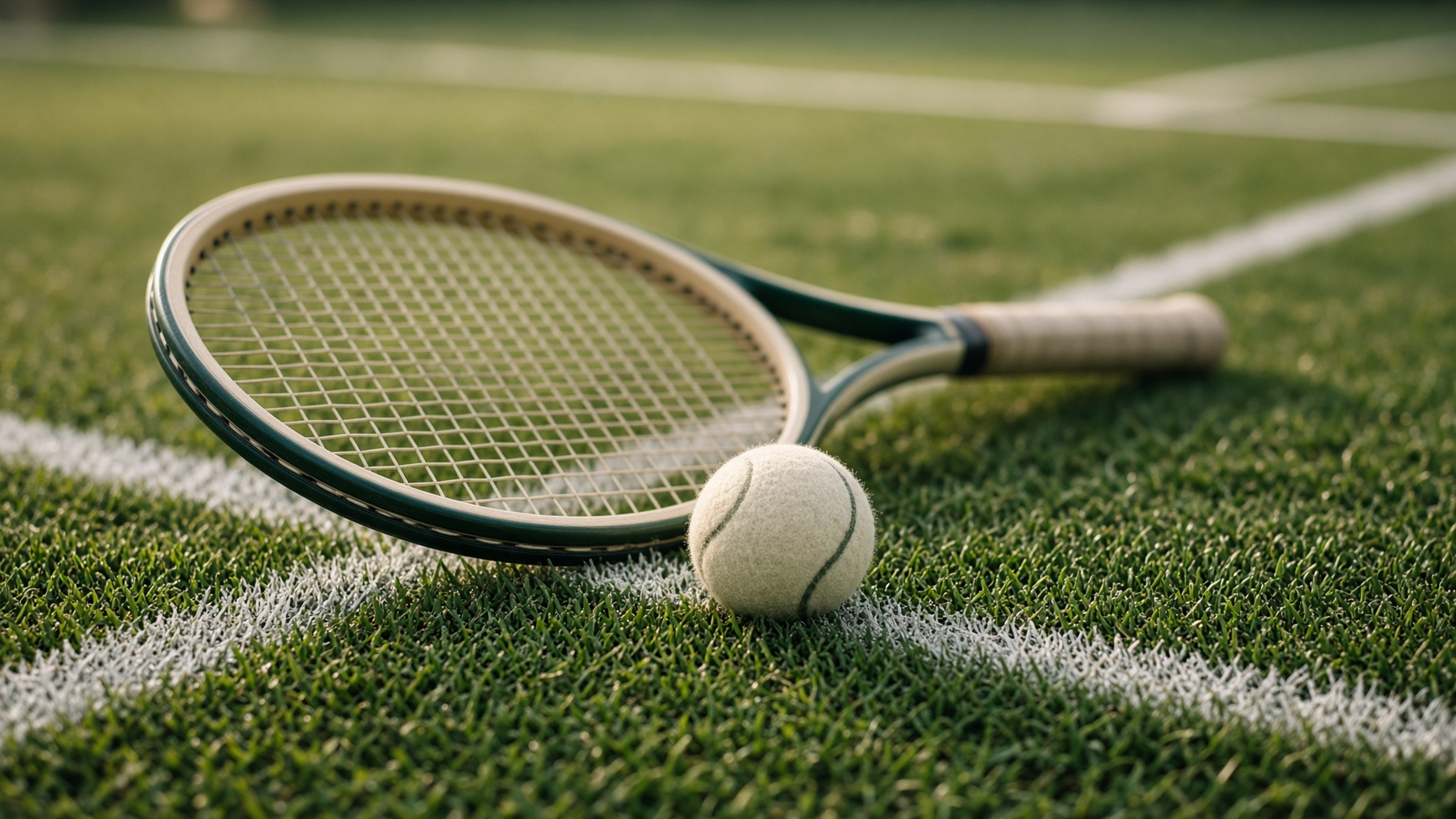 Tennis racquet and ball resting on a grass court