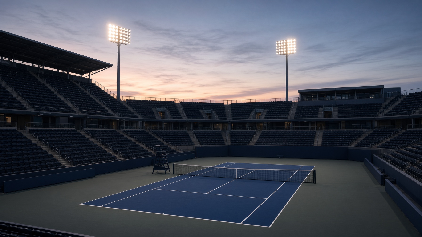 Championship tennis stadium at dusk with floodlights coming on
